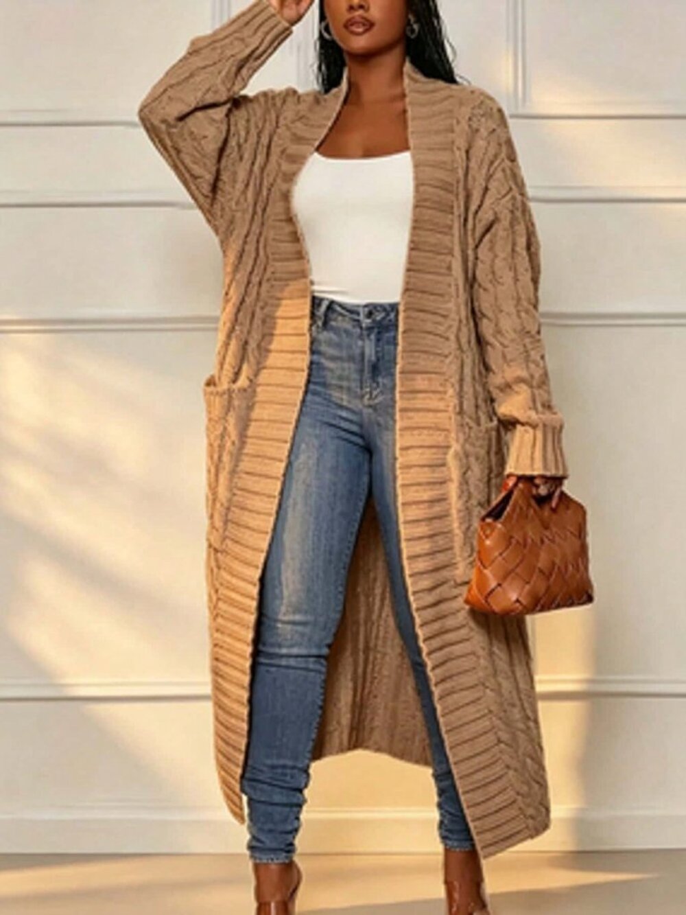 Tan Casual womens long knit open front pocket knit sweater Cardigan